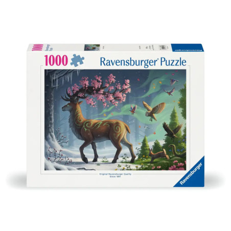 Ravensburger Puzzle, 1000 Teile: Magischer Hirsch mit rosa Blüten-Geweih und Waldtieren auf der Box.