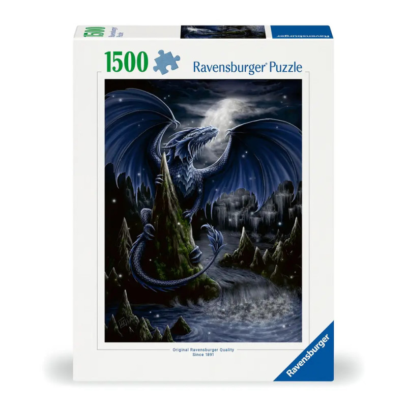 Puzzlebox mit blauem Drachen auf Felsen bei Nacht, Motiv 1500 Ravensburger Puzzle.