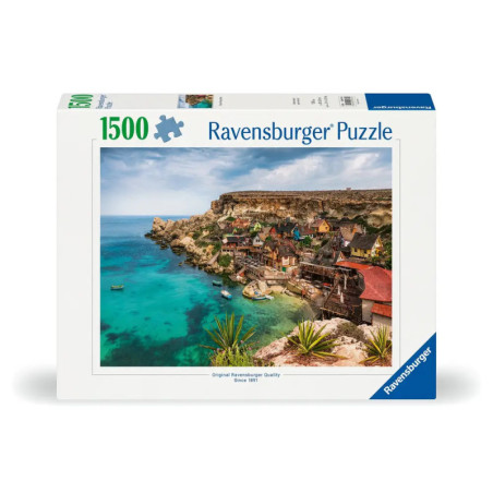 Ravensburger Puzzle, 1500 Teile, zeigt ein Küstendorf mit klarem blauen Wasser und felsigen Klippen.
