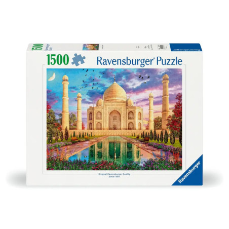 Ravensburger Puzzle, 1500 Teile, mit farbenfroher Illustration des Taj Mahal bei Sonnenuntergang.