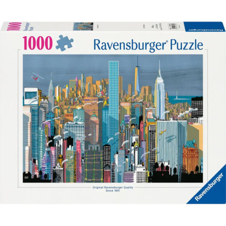 Ravensburger 1000 Teile Puzzle mit bunter, illustrierter Skyline von New York City.