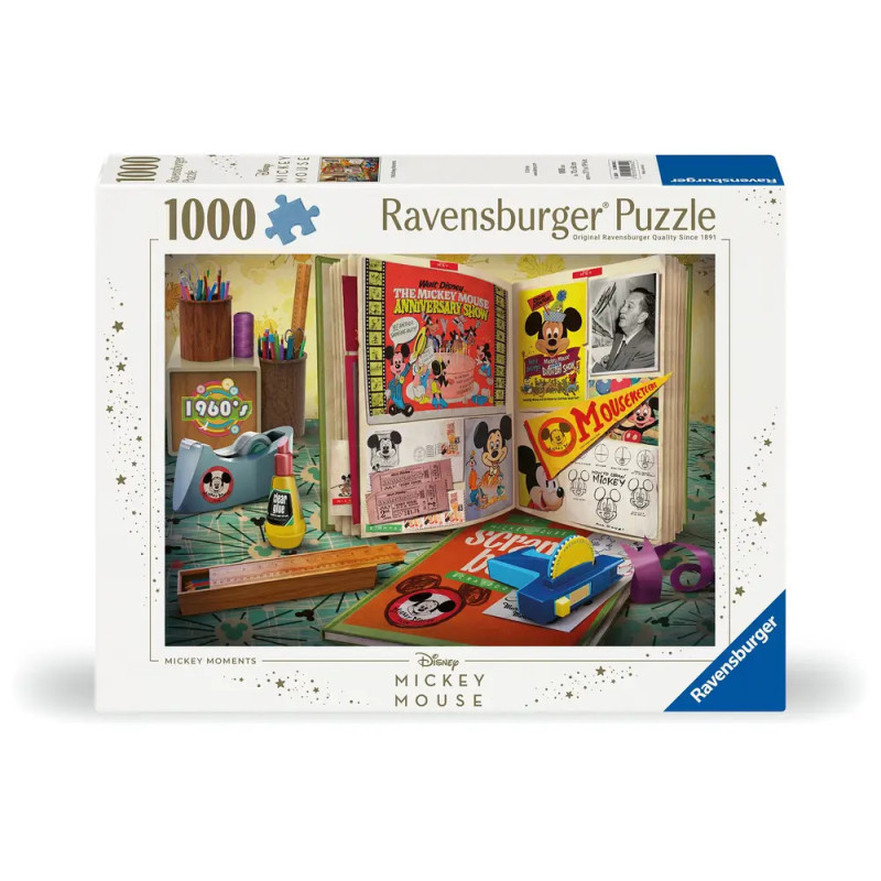 Ravensburger-Puzzle mit 1000 Teilen zeigt Vintage-Mickey-Mouse-Andenken und Comicbilder. Ravensburger-Puzzle mit 1000 Teilen zeigt Vintage-Mickey-Mouse-Andenken und Comicbilder.