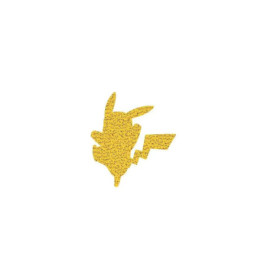 Gelbe Pikachu-Silhouette aus kleinem schwarzen Text auf weißem Hintergrund.