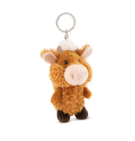 Plüschiger brauner Kuh-Schlüsselanhänger mit weißem Schopf, rosa Schnauze und kleinen Hörnern, aufrecht stehend.