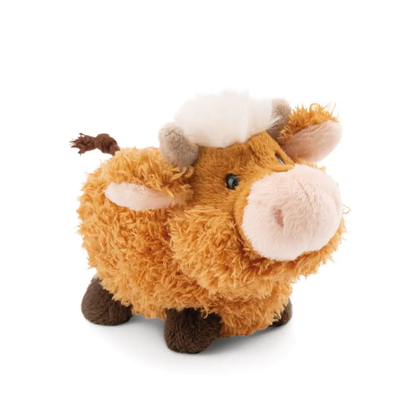 Plüschiges, braun-beiges Highland-Rind Kuscheltier mit kleinen Hörnern und weißem Fellbüschel am Kopf.