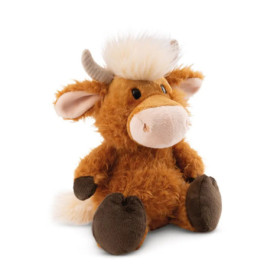 Ein Plüsch-Highlandrind mit braunem Fell, beigen Hörnern und dunklen Füßen sitzt auf weißem Hintergrund.