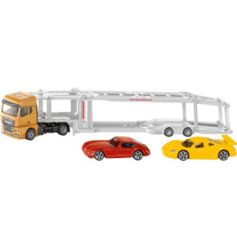 Gelber Autotransporter mit zwei Spielzeugautos, einem roten und einem gelben, die davor stehen.