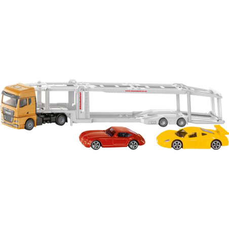 Gelber Autotransporter mit zwei Spielzeugautos, einem roten und einem gelben, die davor stehen.