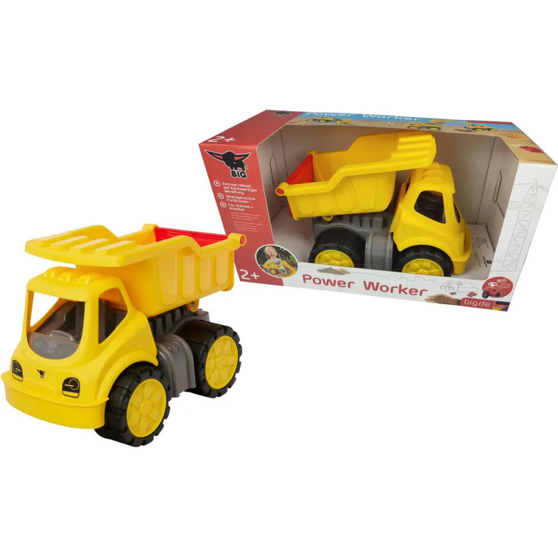Gelber Spielzeug-Kipplaster neben Power Worker-Verpackung, geeignet für Kinder ab 2 Jahren. Gelber Spielzeug-Kipplaster neben Power Worker-Verpackung, geeignet für Kinder ab 2 Jahren.