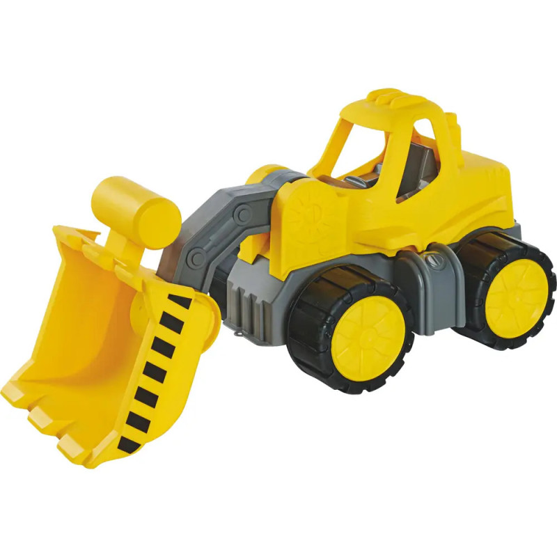 Gelber und grauer Spielzeug-Bulldozer mit großen Rädern und Frontschaufel, seitlich betrachtet.