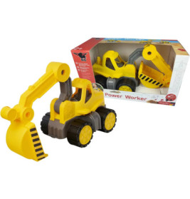 Ein gelber Spielzeugbagger steht neben seiner Verpackung, auf der das gleiche Modell abgebildet ist.