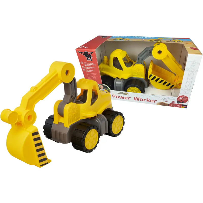 Ein gelber Spielzeugbagger steht neben seiner Verpackung, auf der das gleiche Modell abgebildet ist. Ein gelber Spielzeugbagger steht neben seiner Verpackung, auf der das gleiche Modell abgebildet ist.