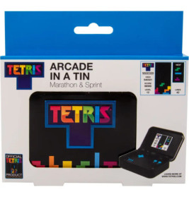 Tetris Arcade in a Tin in Verpackung, zeigt eine kleine Konsole mit Bildschirm und Bedienelementen.