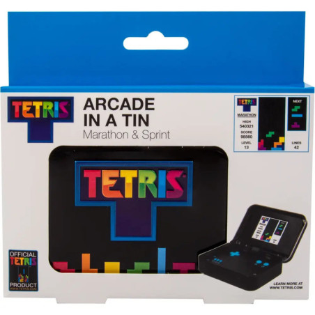 Tetris Arcade in a Tin in Verpackung, zeigt eine kleine Konsole mit Bildschirm und Bedienelementen.