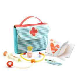 Buntes Spielzeug-Arztset mit Tasche, Stethoskop, Spritze, Thermometer, Medizinflasche und Comic-Heft.