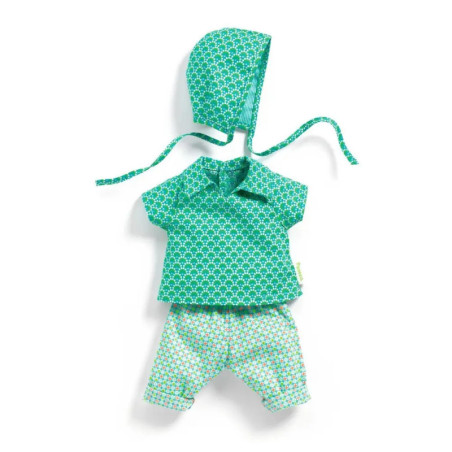 Grün-weiß gemustertes Puppenoutfit mit Haube, kurzem Oberteil und Hose, flach ausgebreitet.