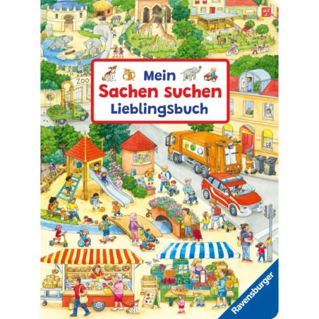 Belebte Stadtszene: spielende Kinder, Markt, Zoo, Spielplatz und ein orangefarbener Müllwagen.