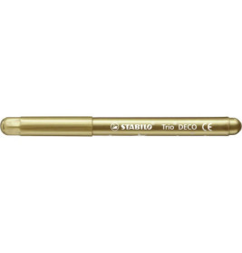 Ein goldener Stabilo Trio Deco Stift mit passender Kappe liegt waagerecht auf weißem Hintergrund.