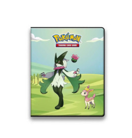 Ein Pokémon-Sammelkartenordner mit Meowscarada und Deerling auf einer Wiese als Hintergrund.