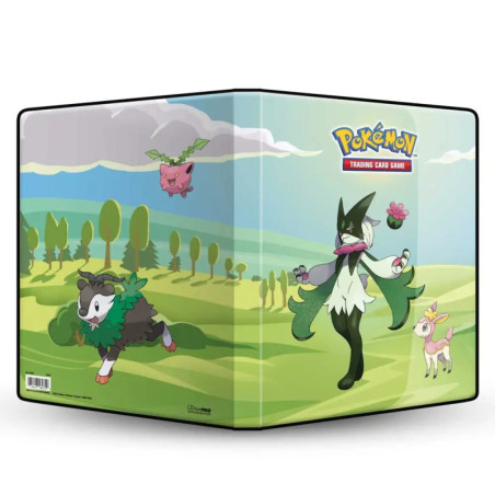 Pokémon-Sammelordner mit grünem Hintergrund und den Pokémon Sprigatito, Smoliv, Lechonk und Hoppip auf dem Cover.