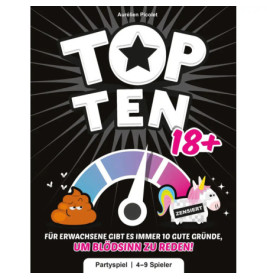 Spielecover: Top Ten 18+ mit Comic-Kot und Einhorn, Partyspiel für 4-9 Erwachsene, deutscher Text.