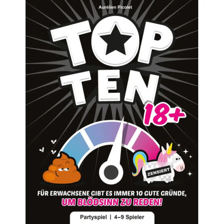 Spielecover: Top Ten 18+ mit Comic-Kot und Einhorn, Partyspiel für 4-9 Erwachsene, deutscher Text.