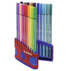 Zwölf bunte STABILO-Stifte stehen aufrecht in einem rot-blauen Kunststoffhalter.