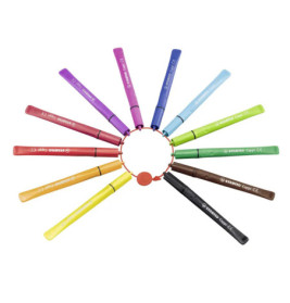 Zwölf verschiedenfarbige Filzstifte liegen kreisförmig mit den Kappen nach außen angeordnet.