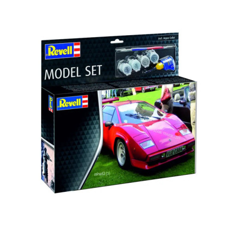 Revell-Set mit rotem Sportwagen auf der Verpackung, inklusive Farben und Pinsel. Revell-Set mit rotem Sportwagen auf der Verpackung, inklusive Farben und Pinsel.