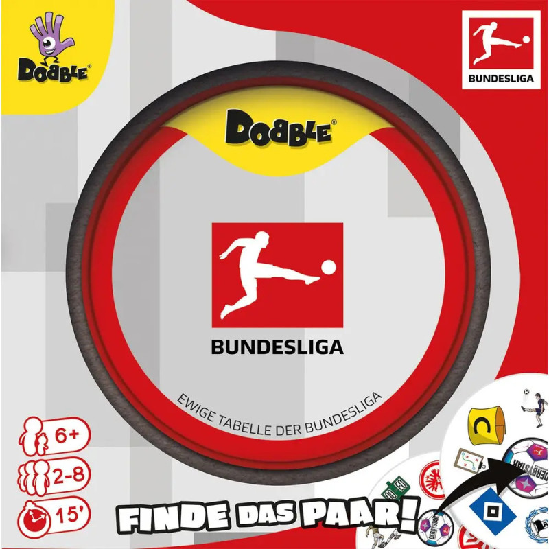Dobble Bundesliga Kartenspiel-Schachtel mit rotem Logo, Icons und dem Schriftzug Finde das Paar! unten. Dobble Bundesliga Kartenspiel-Schachtel mit rotem Logo, Icons und dem Schriftzug Finde das Paar! unten.