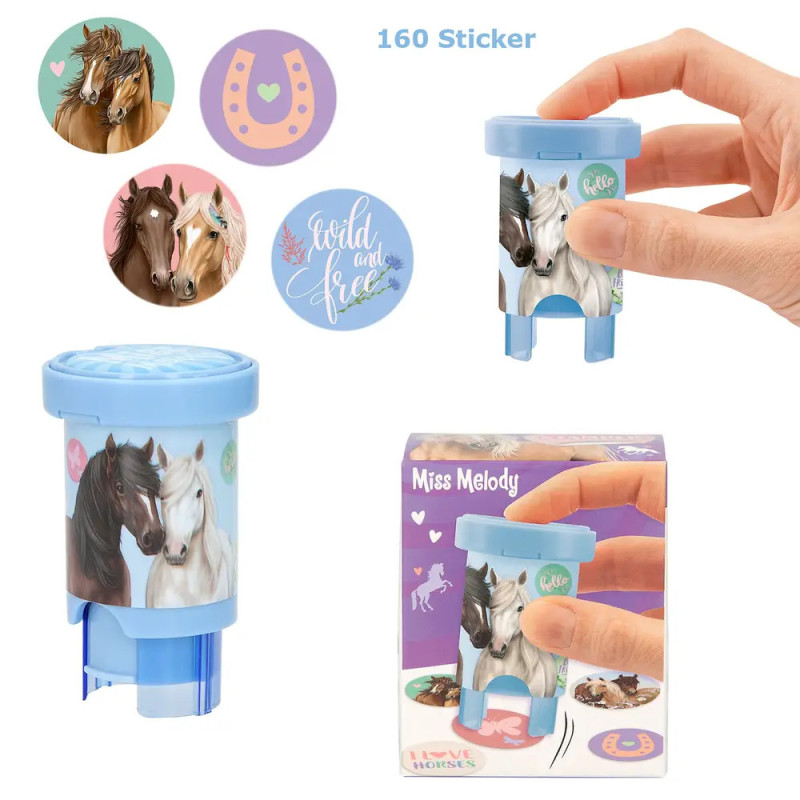 Hand hält einen pferdebezogenen Sticker-Spender mit abgebildeten Pferde-Stickern und Verpackung.