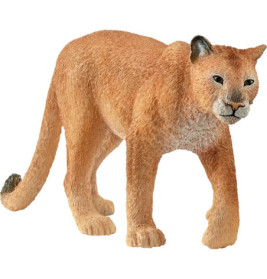 Realistisches Cougar-Spielzeugmodell mit sandfarbenem Fell und dunkler Schwanzspitze, leicht nach vorne gewandt.