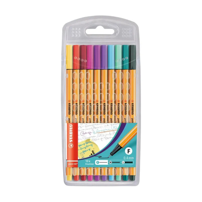 Zehn Stabilo Fineliner in verschiedenen Farben in einem transparenten Kunststoffetui.