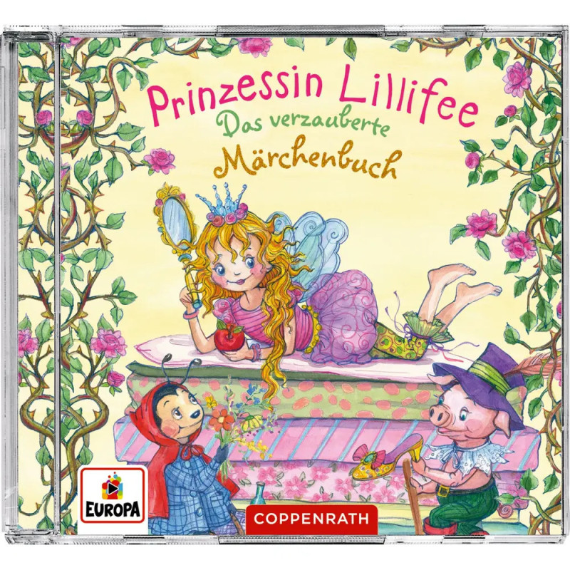 Eine Feenprinzessin liest ein Buch, daneben Rotkäppchen und ein Schwein mit Saxofon.