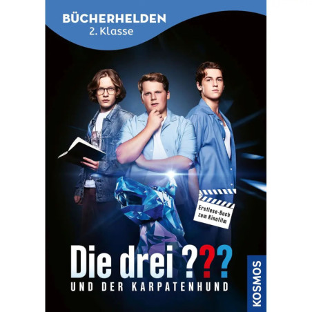 Drei Jungen stehen hinter einem blauen Kristall, darüber der Titel Die drei ??? und der Karpartenhund.