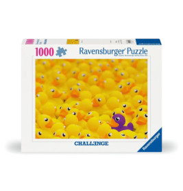Auf einer Puzzlebox sind viele gelbe Gummienten und eine einzelne lila Ente zu sehen.