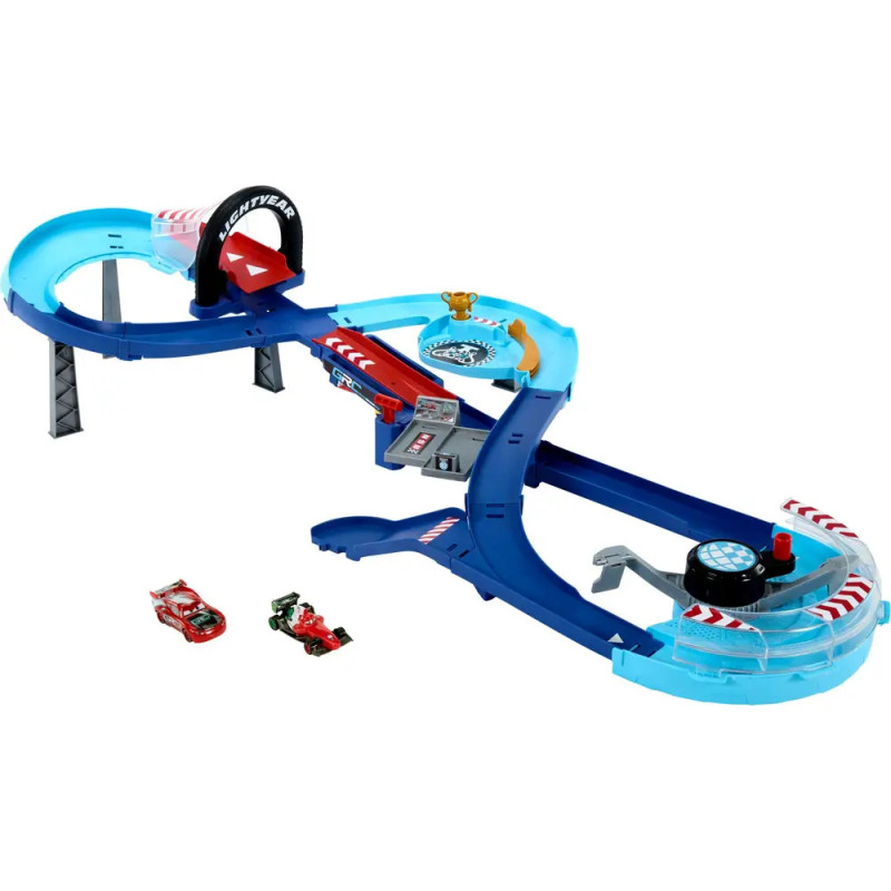 Eine Spielzeug-Rennstrecke mit zwei Autos. Eine Spielzeug-Rennstrecke mit zwei Autos.