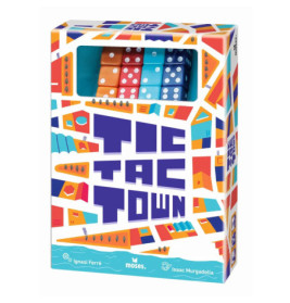 Bunte Tic Tac Town Spielbox mit durch ein Frontfenster sichtbaren Dominosteinen.
