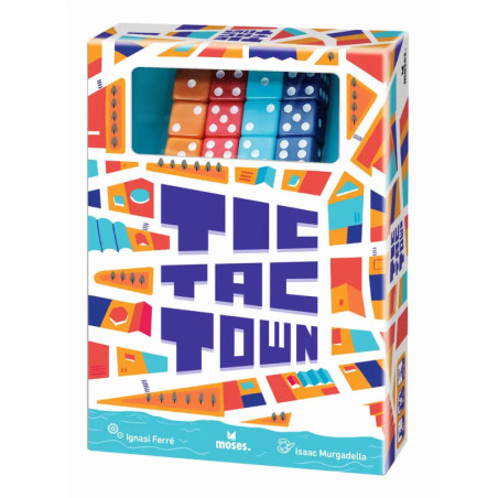 Bunte Tic Tac Town Spielbox mit durch ein Frontfenster sichtbaren Dominosteinen.