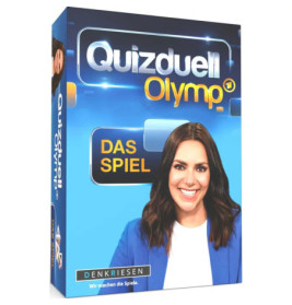Quizduell Olymp Spielbox mit einer lächelnden Frau im blauen Blazer auf dem Cover.