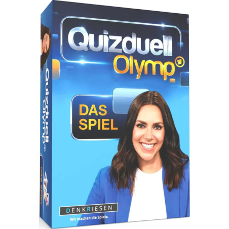 Quizduell Olymp Spielbox mit einer lächelnden Frau im blauen Blazer auf dem Cover.