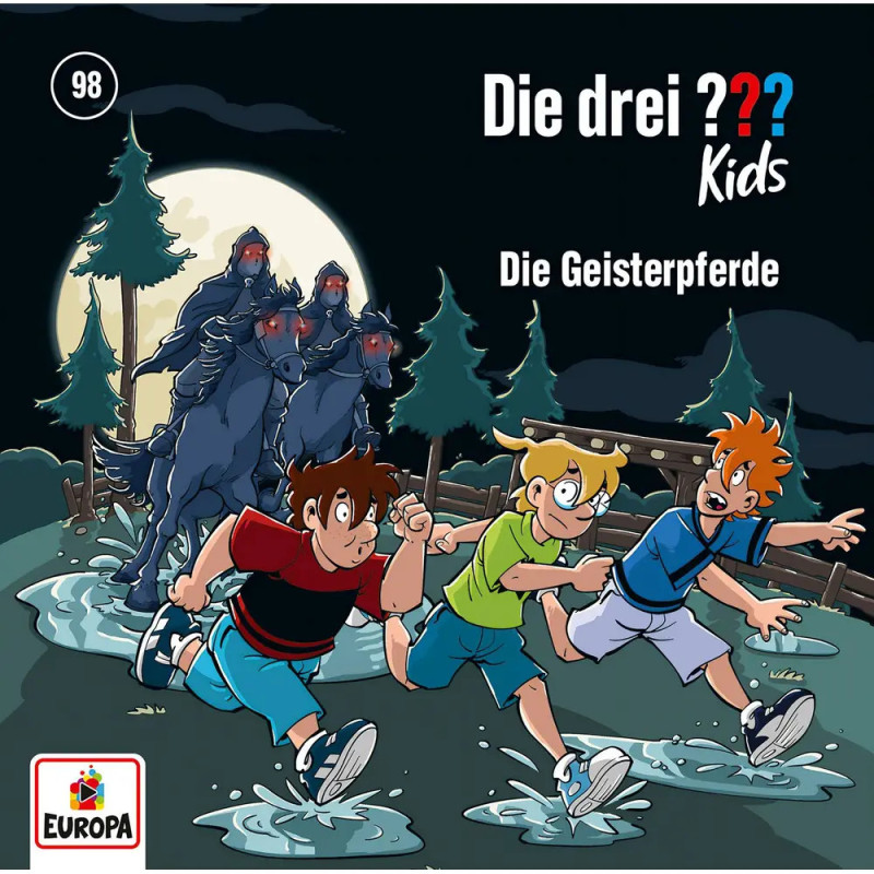 Drei verängstigte Jungen fliehen bei Vollmond im dunklen Wald vor gespenstischen Reitern auf schwarzen Pferden.