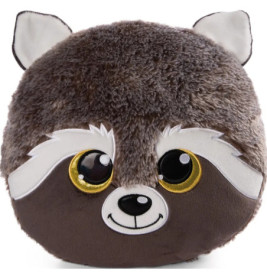 Rundes Plüschtier in Waschbär-Optik mit gelben Augen, lächelndem Mund und weichem Fell.