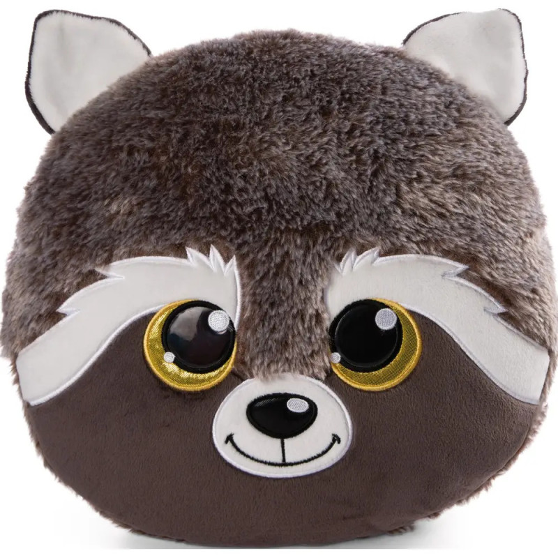 Rundes Plüschtier in Waschbär-Optik mit gelben Augen, lächelndem Mund und weichem Fell.