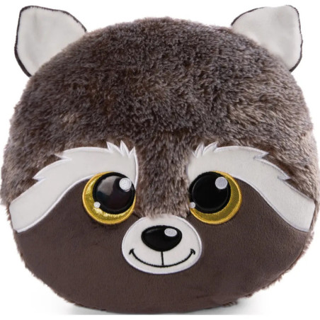 Rundes Plüschtier in Waschbär-Optik mit gelben Augen, lächelndem Mund und weichem Fell.