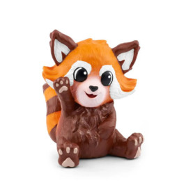 Niedliche rote Panda-Figur im Cartoonstil, sitzt lächelnd mit erhobener Pfote auf weißem Hintergrund.