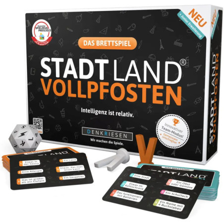 Box und Spielmaterial von Stadt Land Vollpfosten mit bunten Karten und einem Würfel.