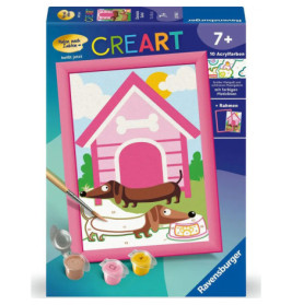 Malset mit zwei Dackeln vor rosa Hundehütte, inklusive Farbtöpfchen und Pinsel.