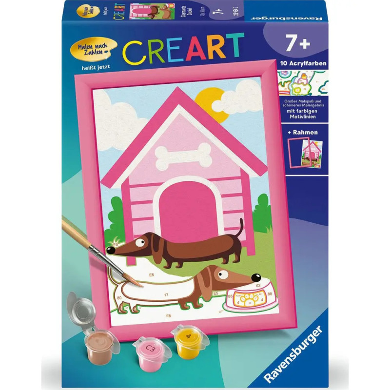 Malset mit zwei Dackeln vor rosa Hundehütte, inklusive Farbtöpfchen und Pinsel.