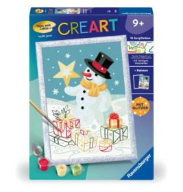 CreArt Malen-nach-Zahlen-Set: Box mit Schneemann, Geschenken und Winterlandschaft, geeignet ab 9 Jahren.